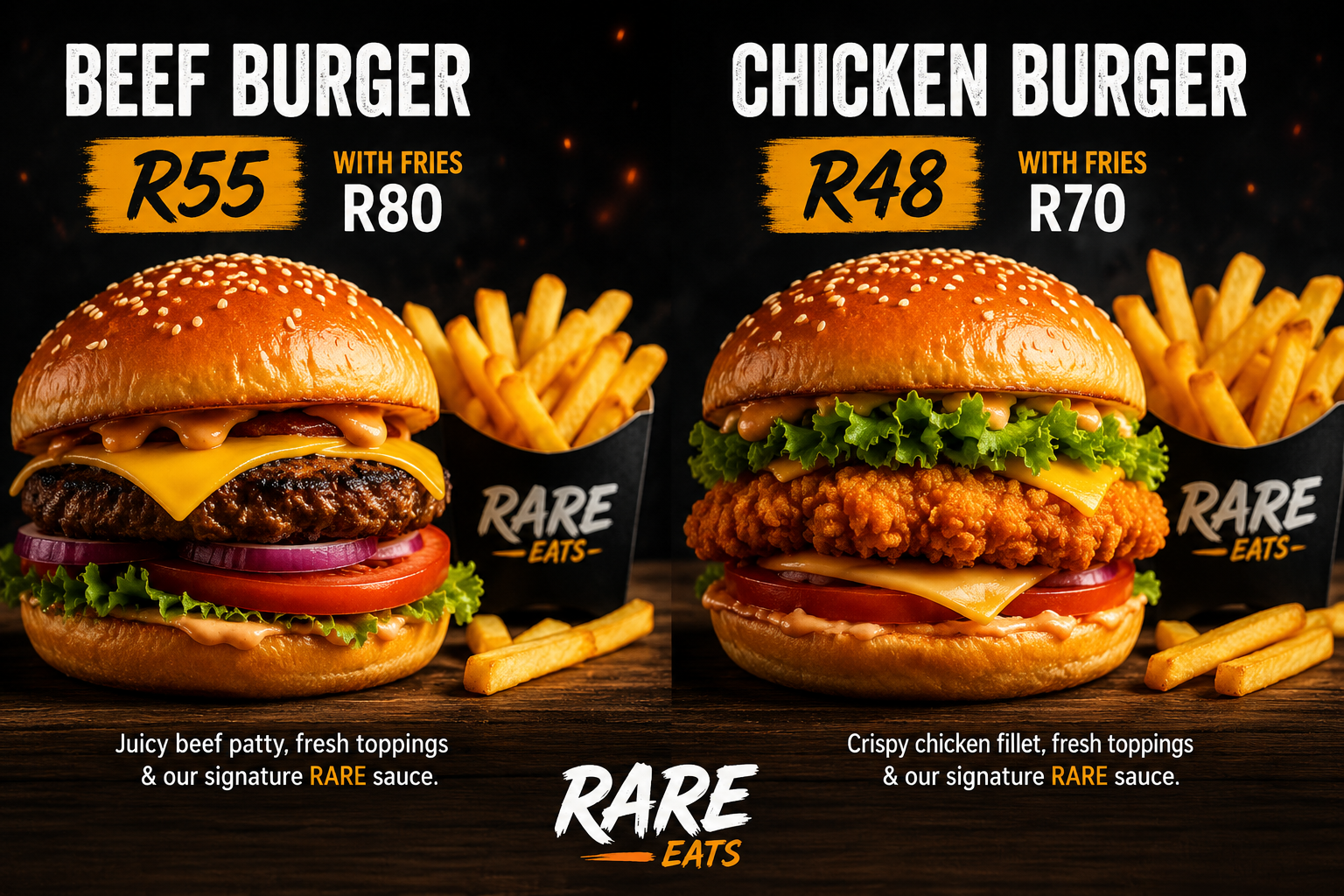 RARE EATS beef and chicken burgers with fries